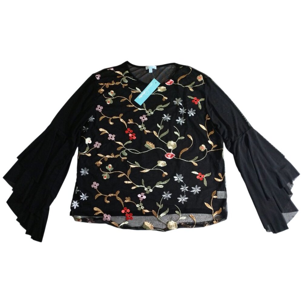 Envision Studio Women's Black Mesh Flower Embroidered Bell Sleeve Top XL X-Large